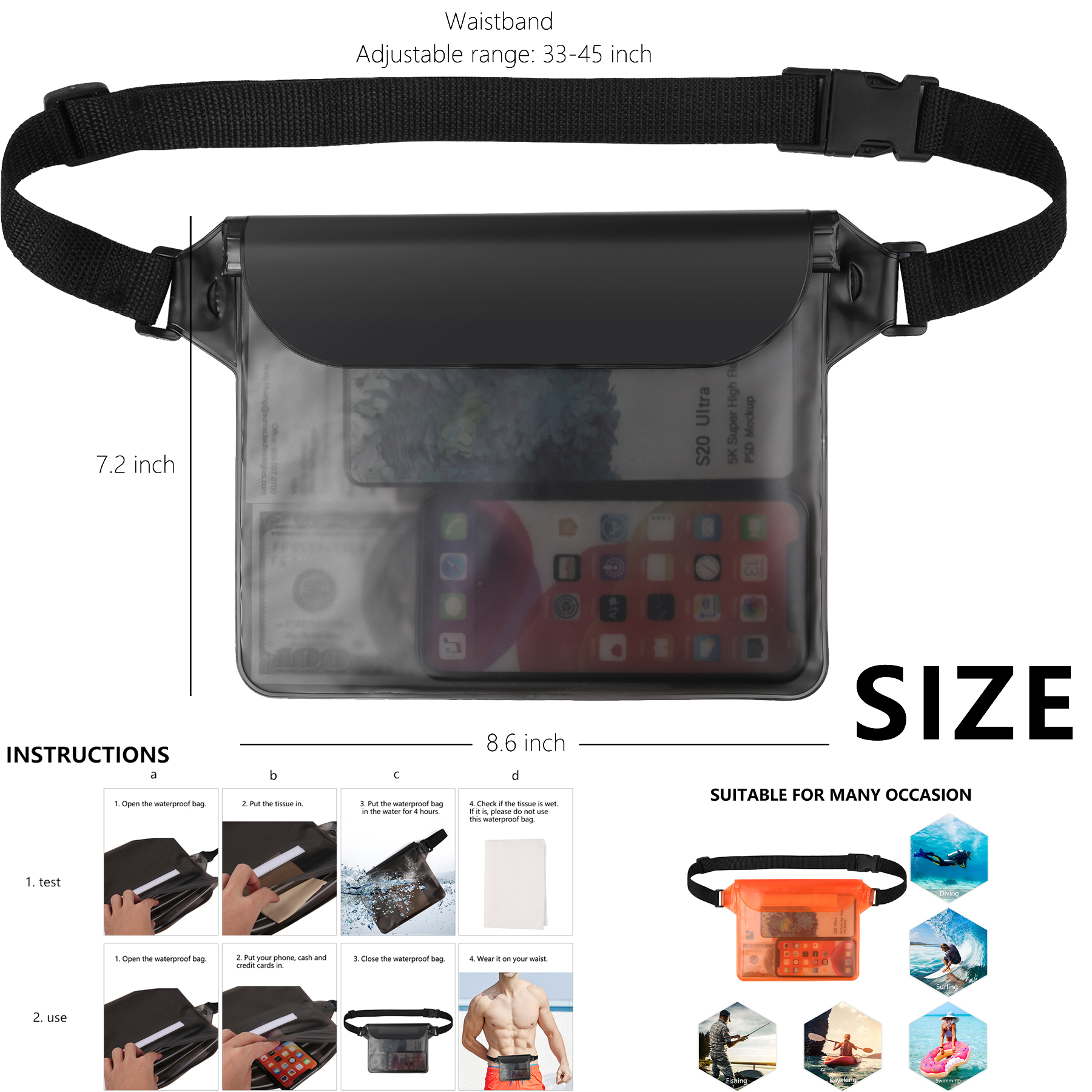 Waterproof Waist Phone Pouch Fanny Pack Dry Bag Case Cover For iPhone 14 Pro Max 2