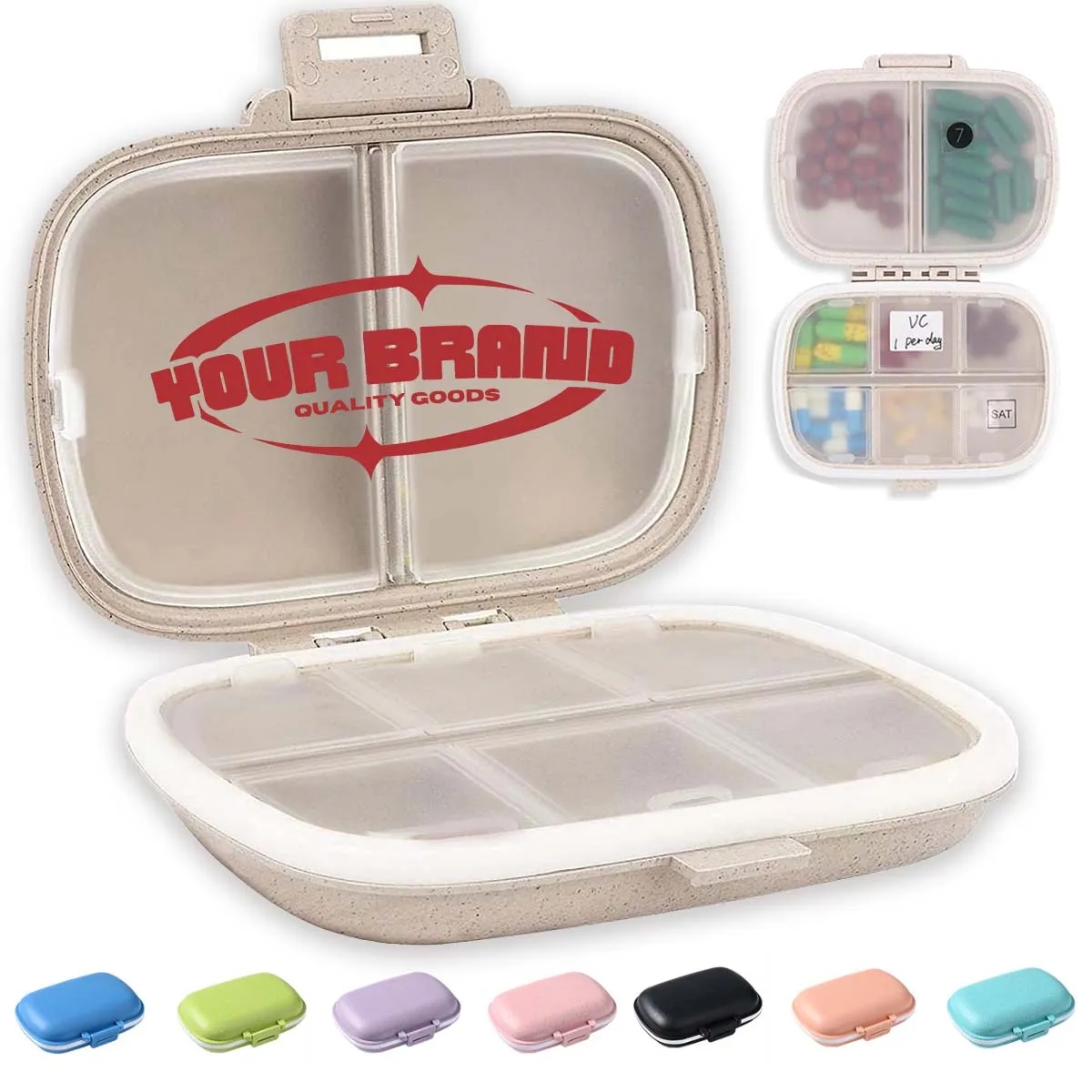 8 Compartments Wheat Straw Portable Daily Pill Organizer 2