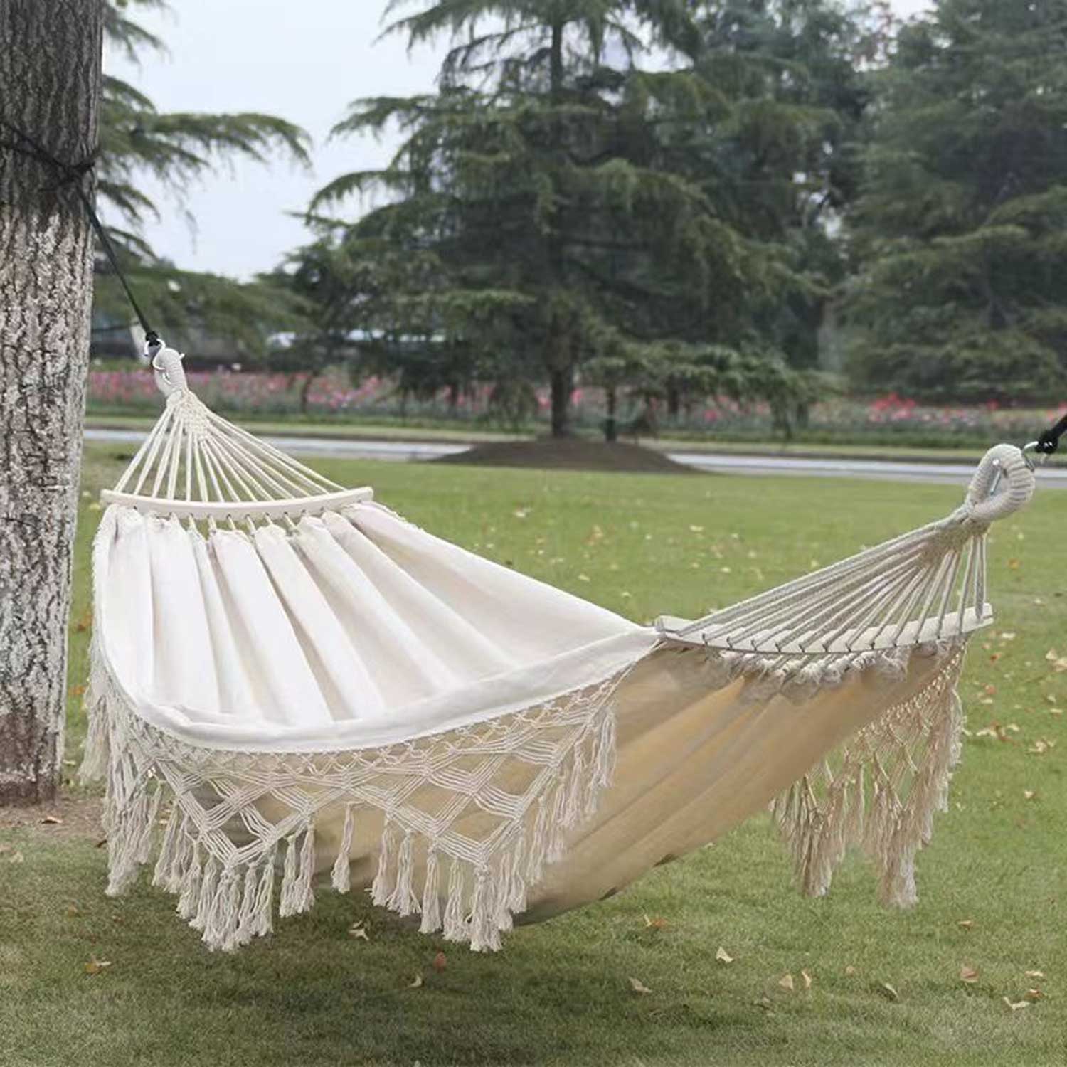 Outdoor Fringe Hammock - Anti-Roll Heavy Canvas Swing 8