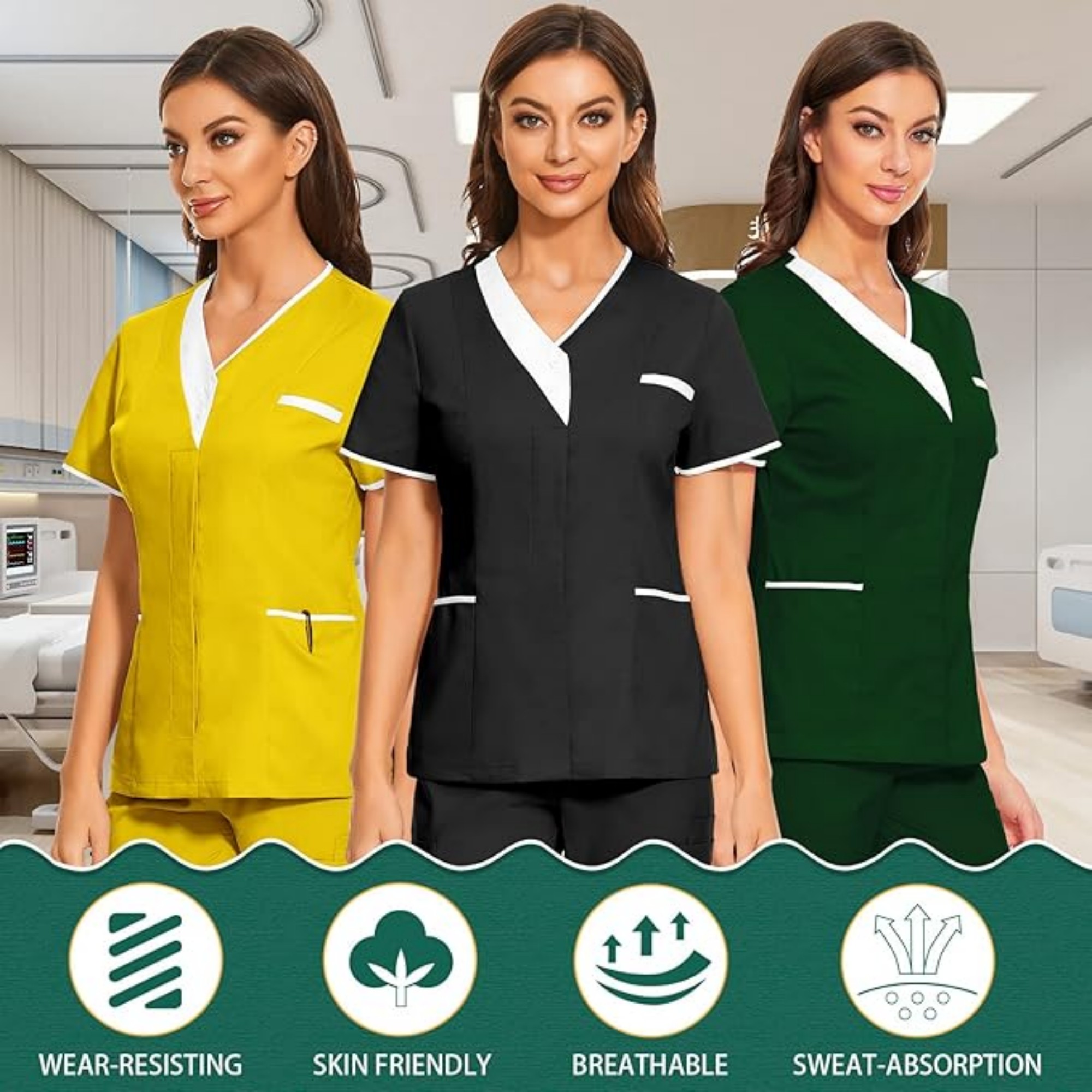 Solid Women V Neck Working Uniform With Pockets 3