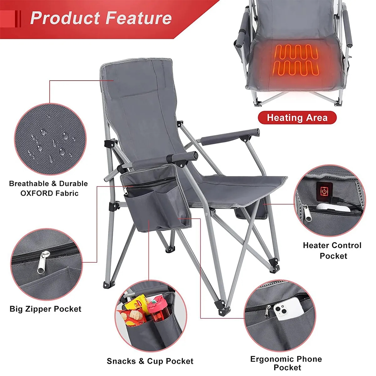 USB Heated Portable Folding Camping Lawn Chairs with Armrest 7