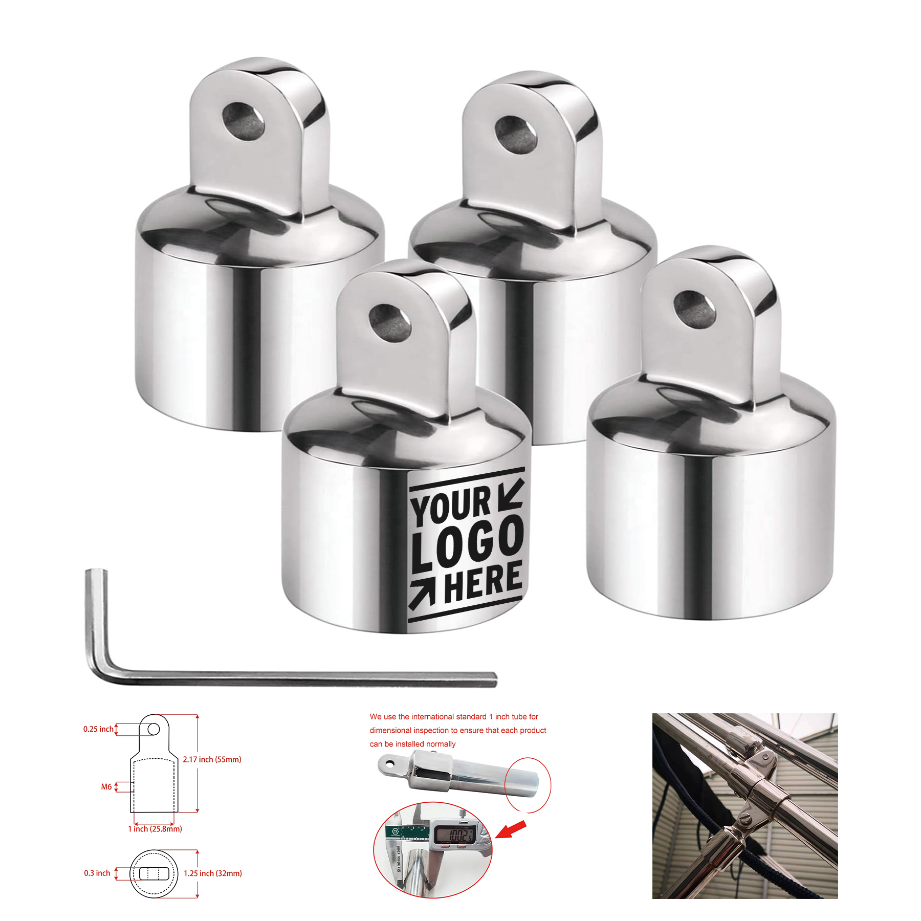 Bimini Top Cap Eye Boat Fitting Stainless Steel 316 L Shape Hex Key Round Tubing Marine Hardware 2