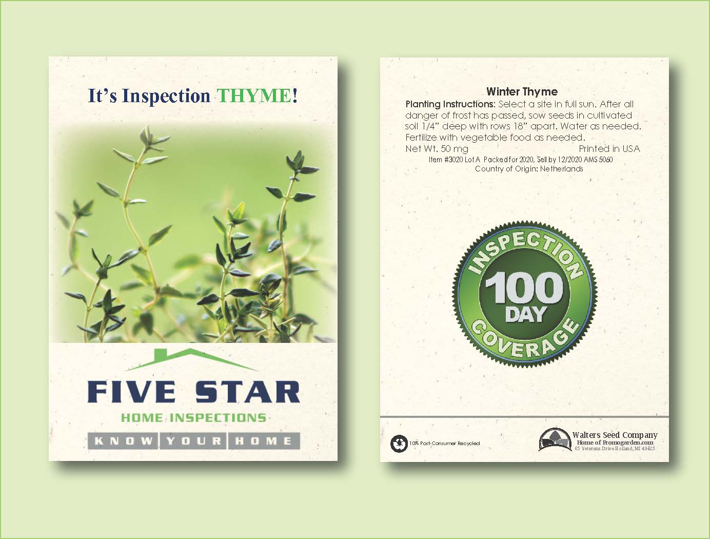 Winter Thyme Herb Seed Packet - Size 3.25" x 4.5" 2