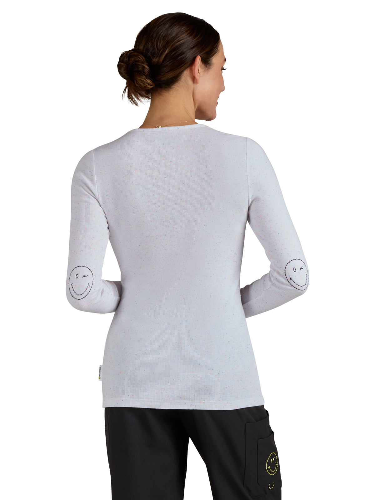 koi - Smiley World - Women's Speckled Rib Smiley Face Elbow Tender Underscrub Tee 4
