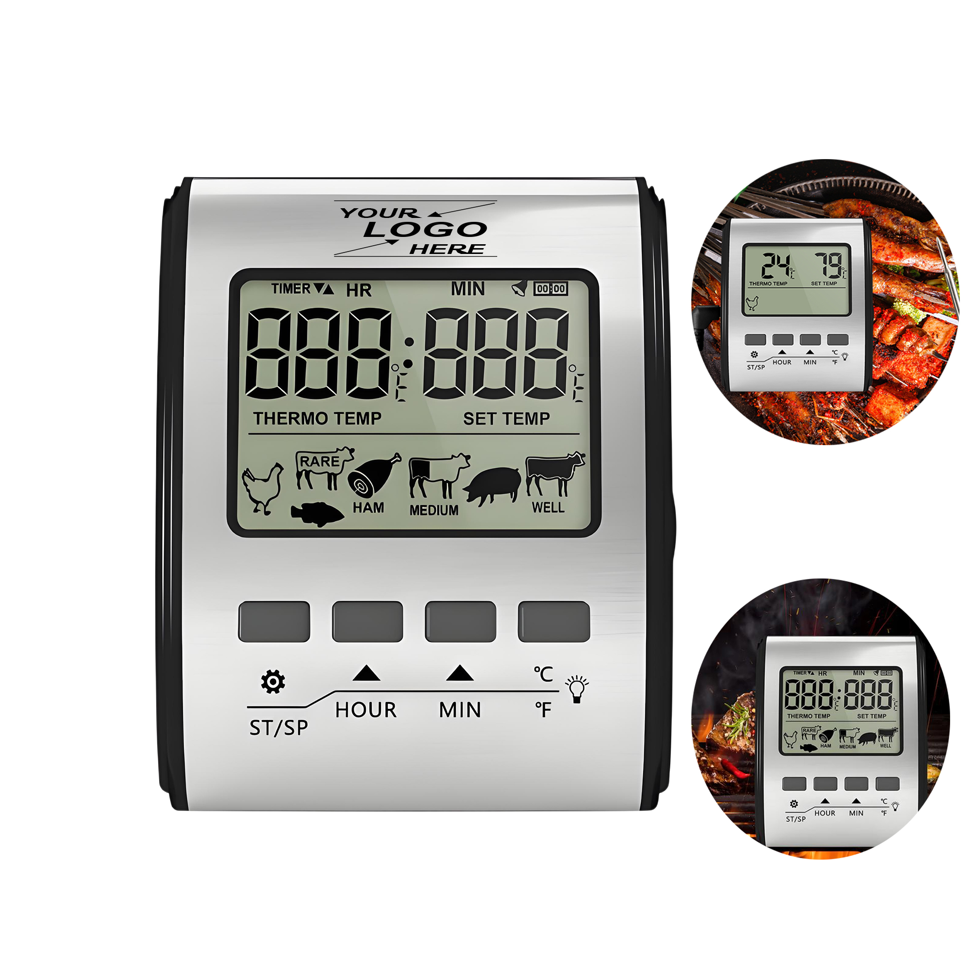 Smart BBQ Meat Thermometer Timer with Temperature Alarm, Stainless Steel Panel. 3