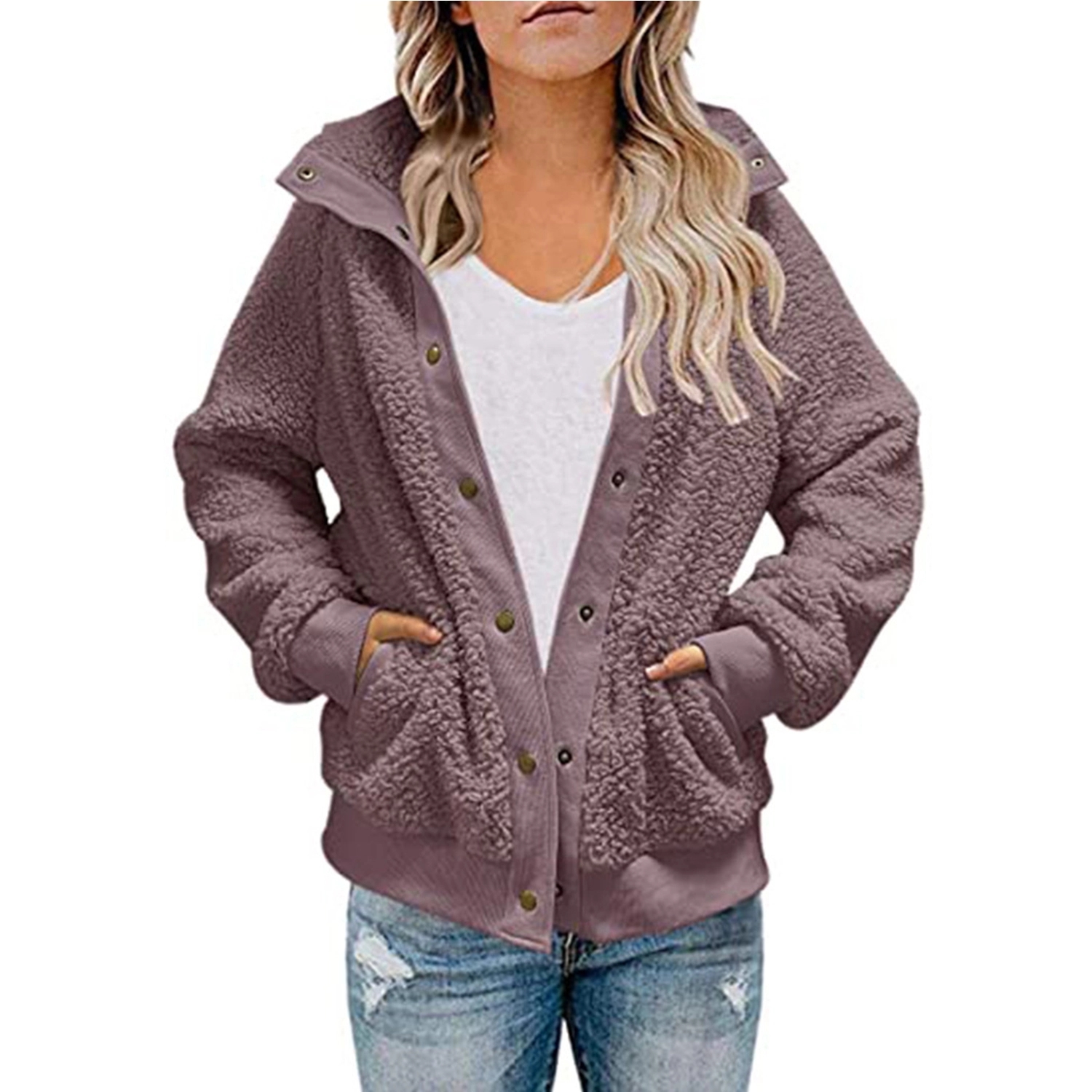 Womens Winter Long Sleeve Sherpa Jacket Coat 5