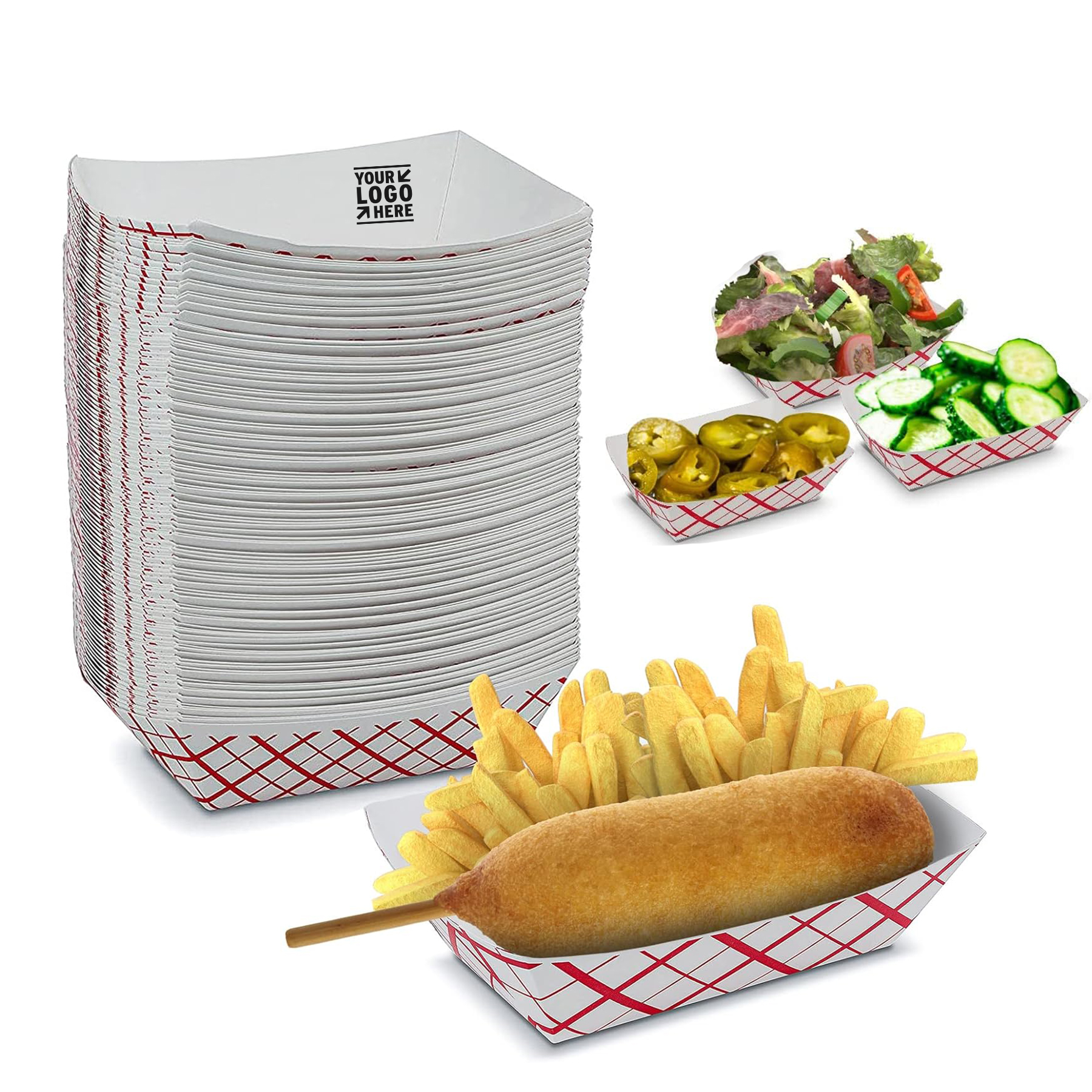4.6"x 6.6"x 1.6" Paper Food Tray 2 1/2 lb Disposable Plaid Classy Red and White Boat 2