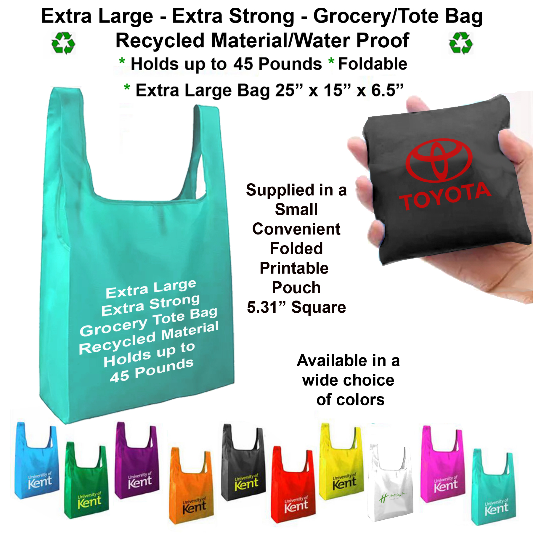 Extra Large, Extra Strong Grocery/Tote Bag - Holds up to 45 Pounds, Recycled Material - Water Proof