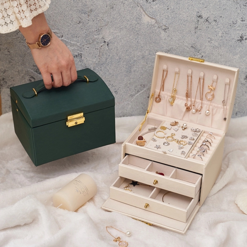 Custom 3-Layer PU Jewelry Organizer Box with Drawer & Handle 16