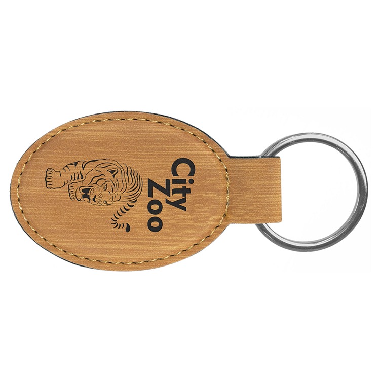 3" x 1 3/4" Bamboo Leatherette Oval Keychain 2