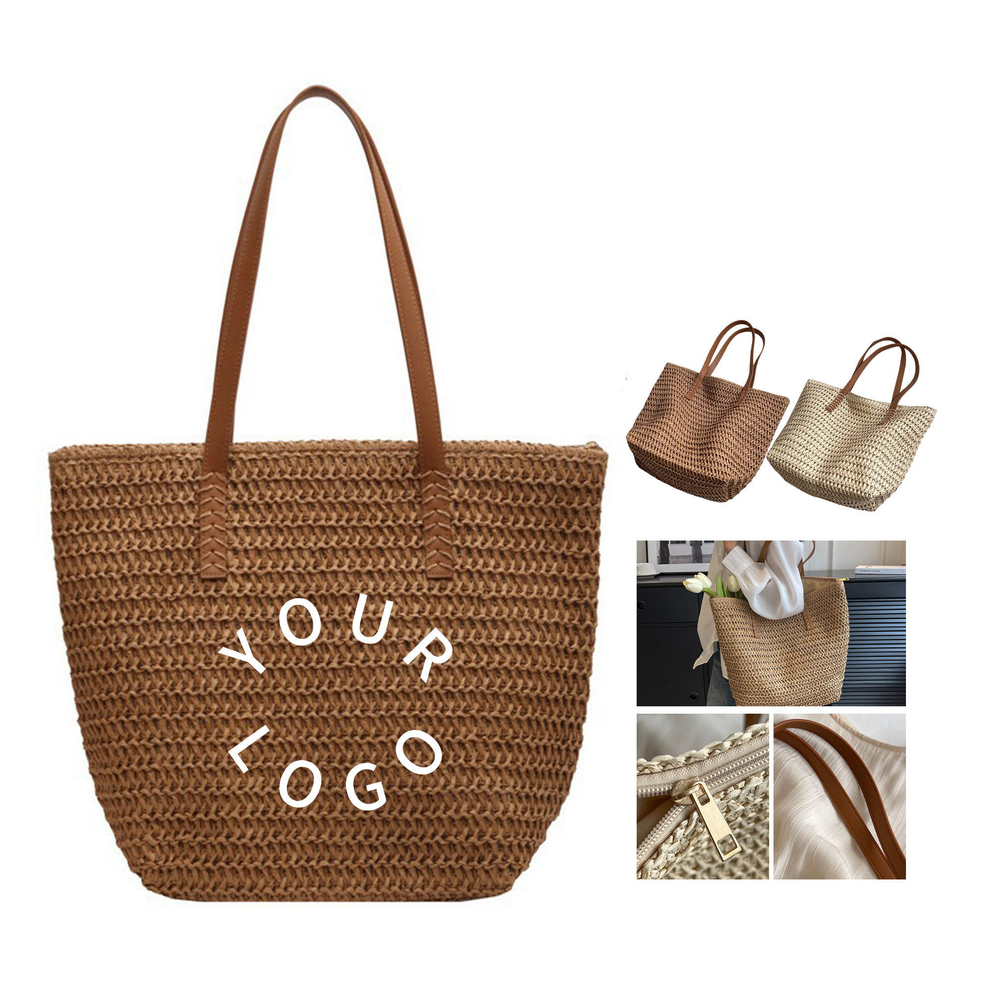 Straw Woven Tote Shoulder Bag With PU Leather Handle 4