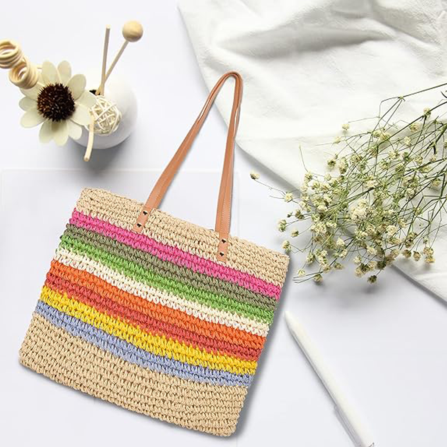 Rainbow Striped Paper Rope Shoulder Bag - Boho Beach Tote 2