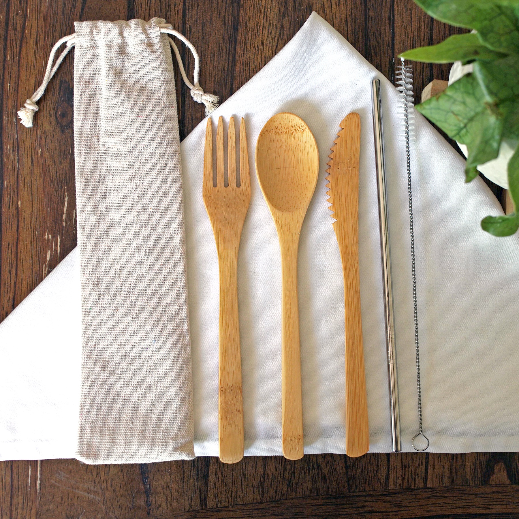 Reusable Eco-Friendly Bamboo Utensil Set with Metal Straw and Bag 5