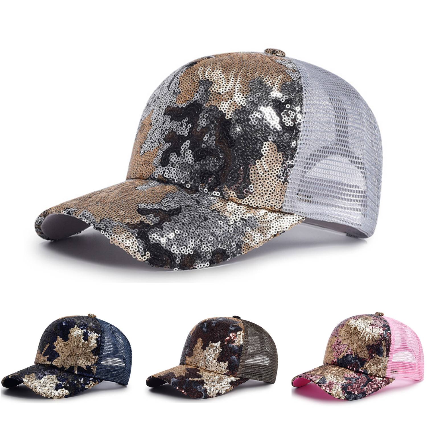Women Summer Maple Leaf Sequins Shiny Baseball cap