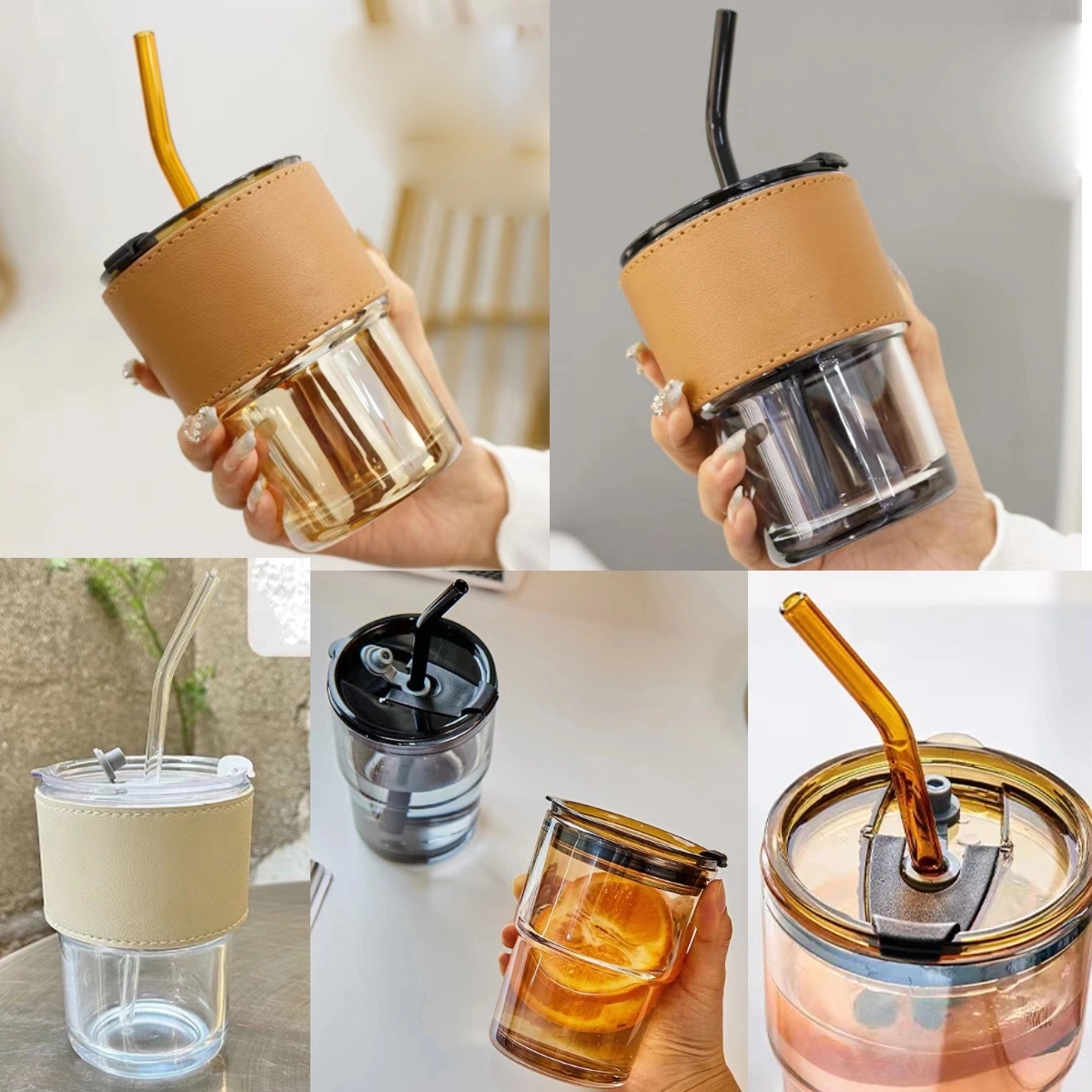 16Oz Glass Water Bottle With Lid Leather Protective Sleeve 4