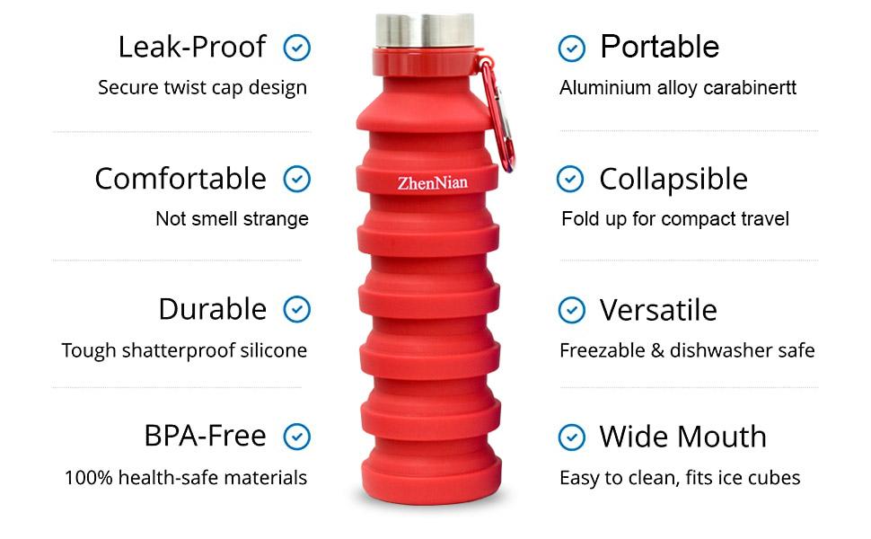 18 OZ Silicone Squeezed Adjustable Foldable Collapsible Water Bottles/Carabiner 5