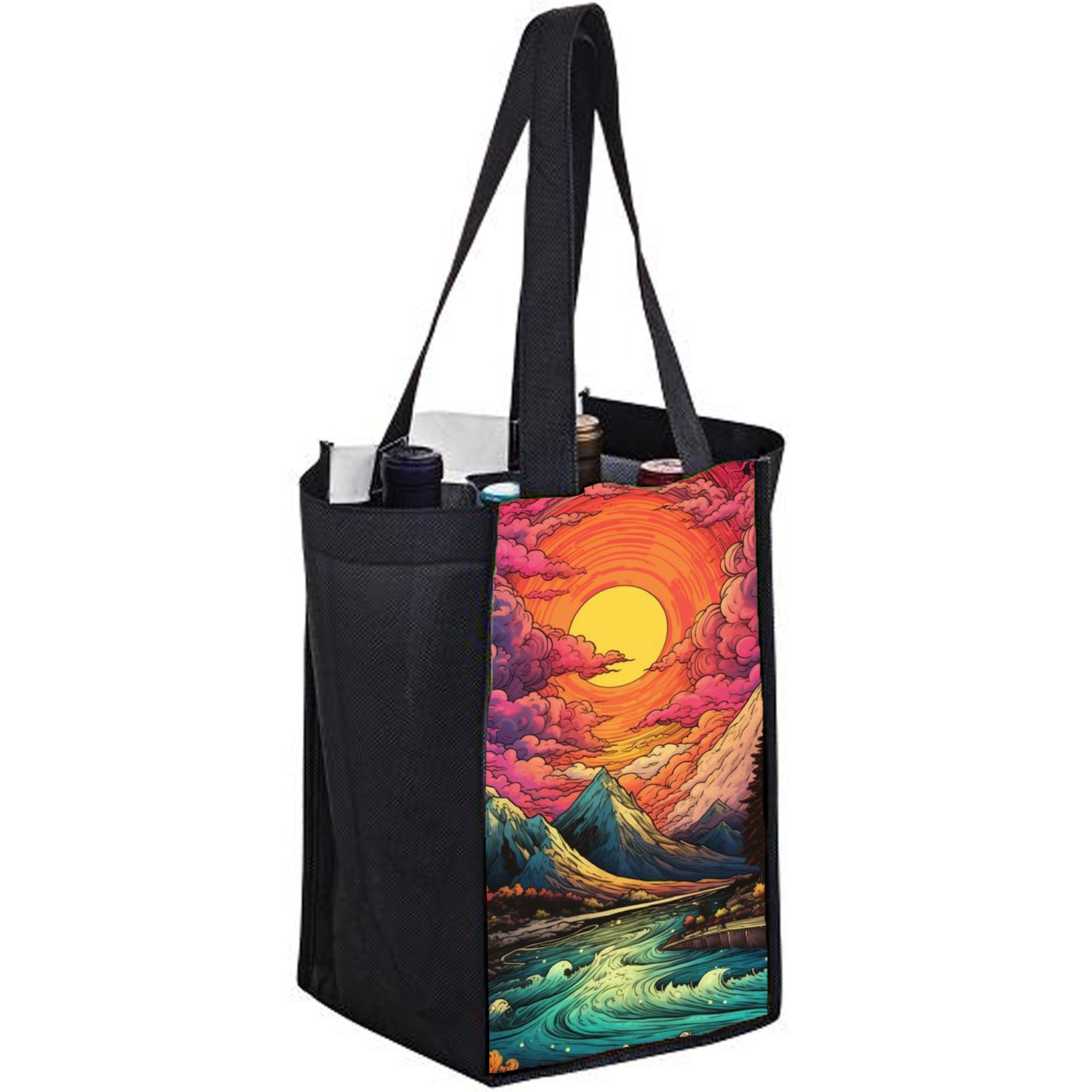 Sublimated PET Non-Woven 4 Bottle Tote Bag w/ Gusset - 2 Sided (7" x 12" x 7") 2