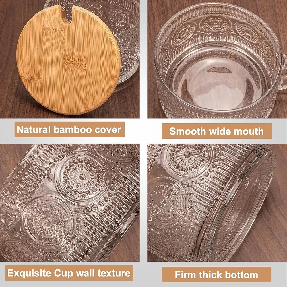 14oz Embossed Glass Iced Coffee Mugs Cups with Lids 2