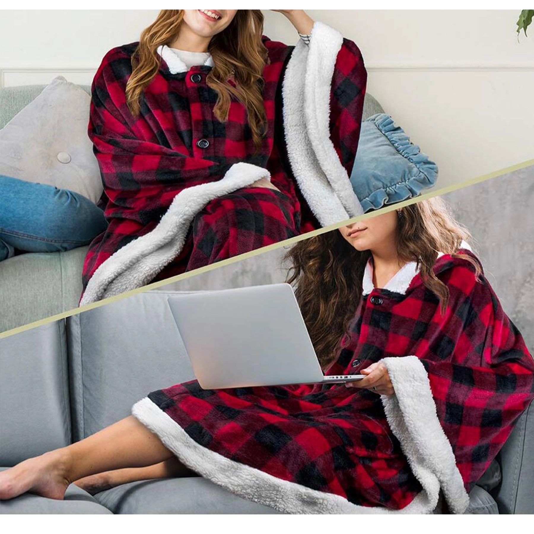 Poncho Hooded Blanket Wrap With Pockets Sherpa Fleece 4