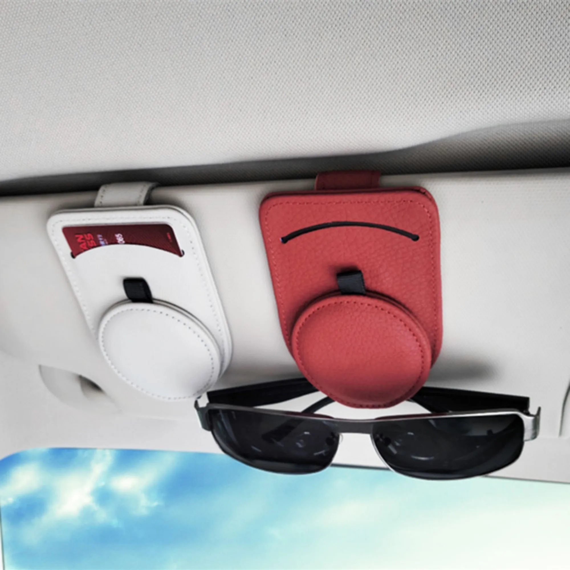 Full Grain Leather Sunglasses Clip ETC Card Holder for Car 2
