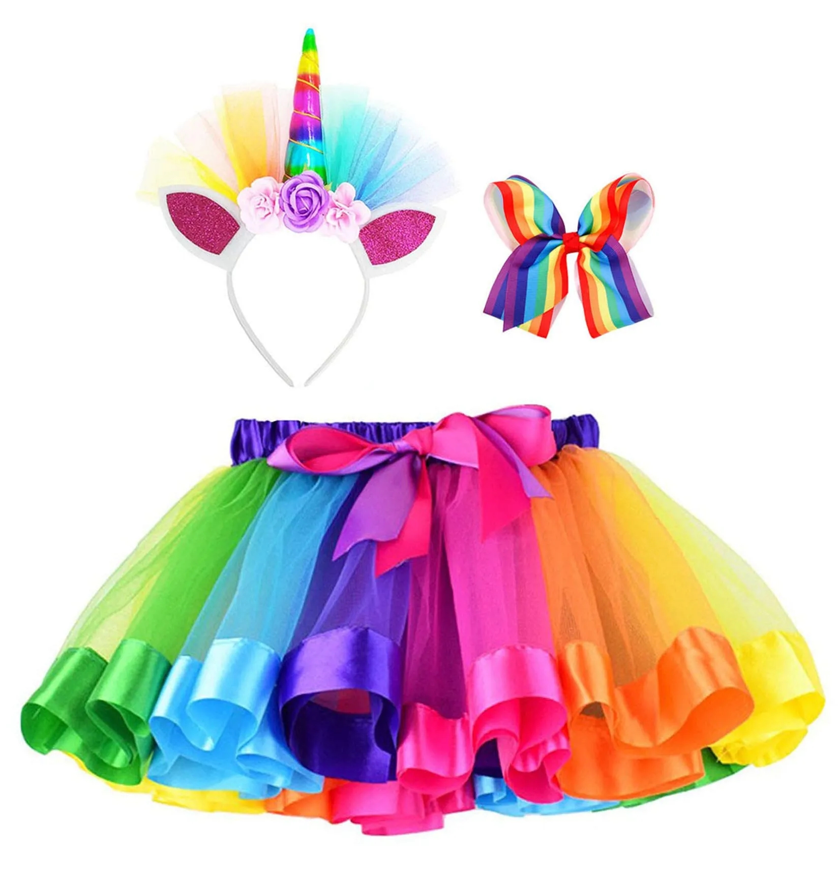 Rainbow Layered Tulle Tutu Skirt Unicorn Headband/Hair Bow 9