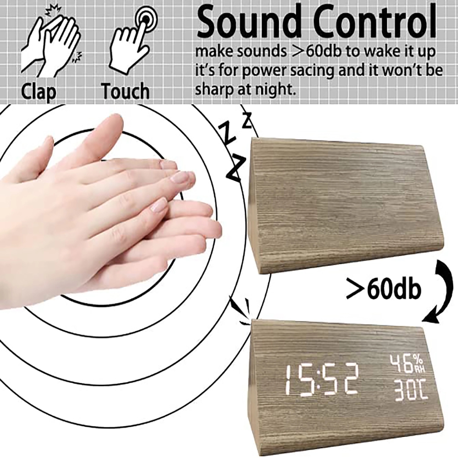 Humidity Temperature Wood Alarm Clock 3