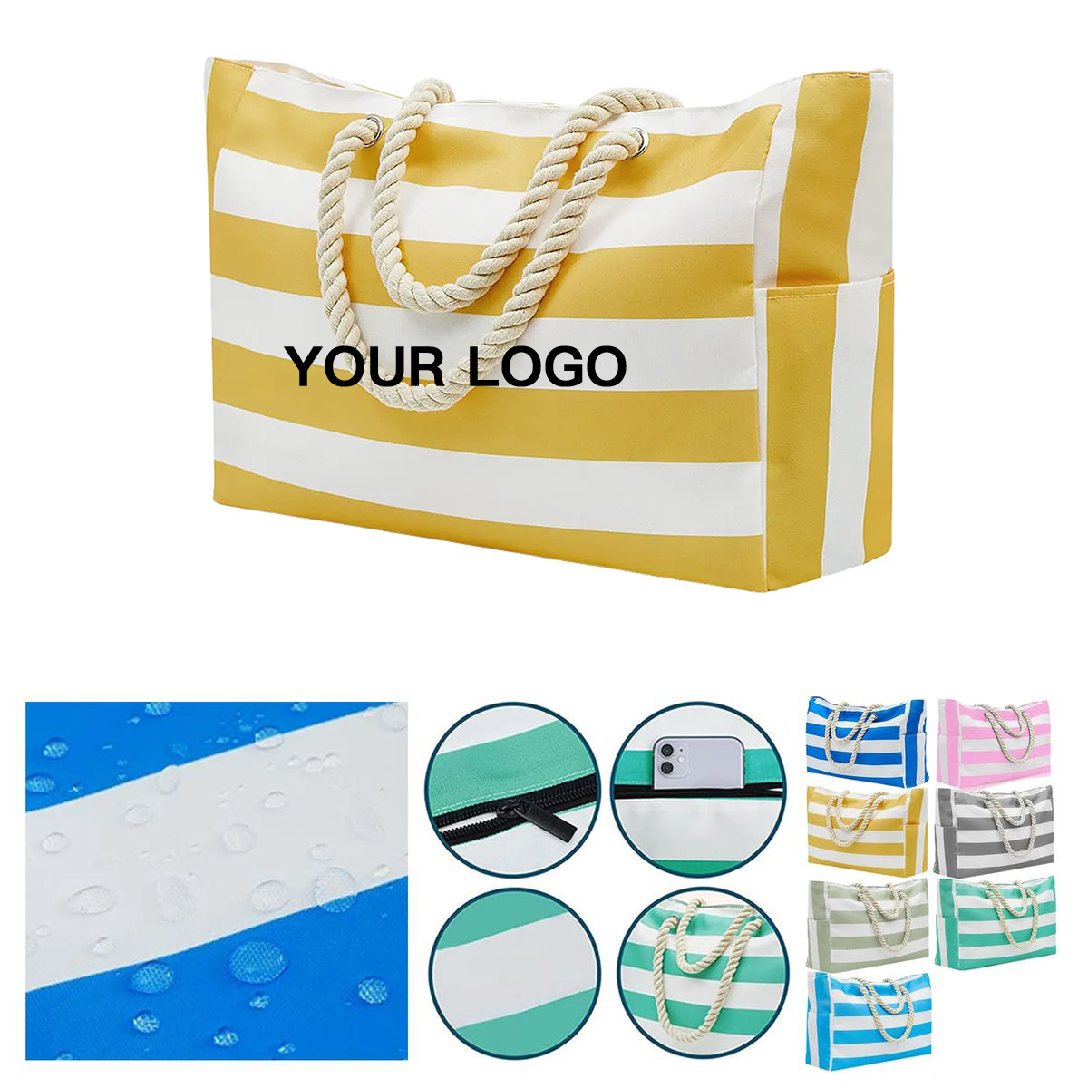 Canvas Beach Tote With Zipper And Open Pockets, custom tote bag with logo imprint 2
