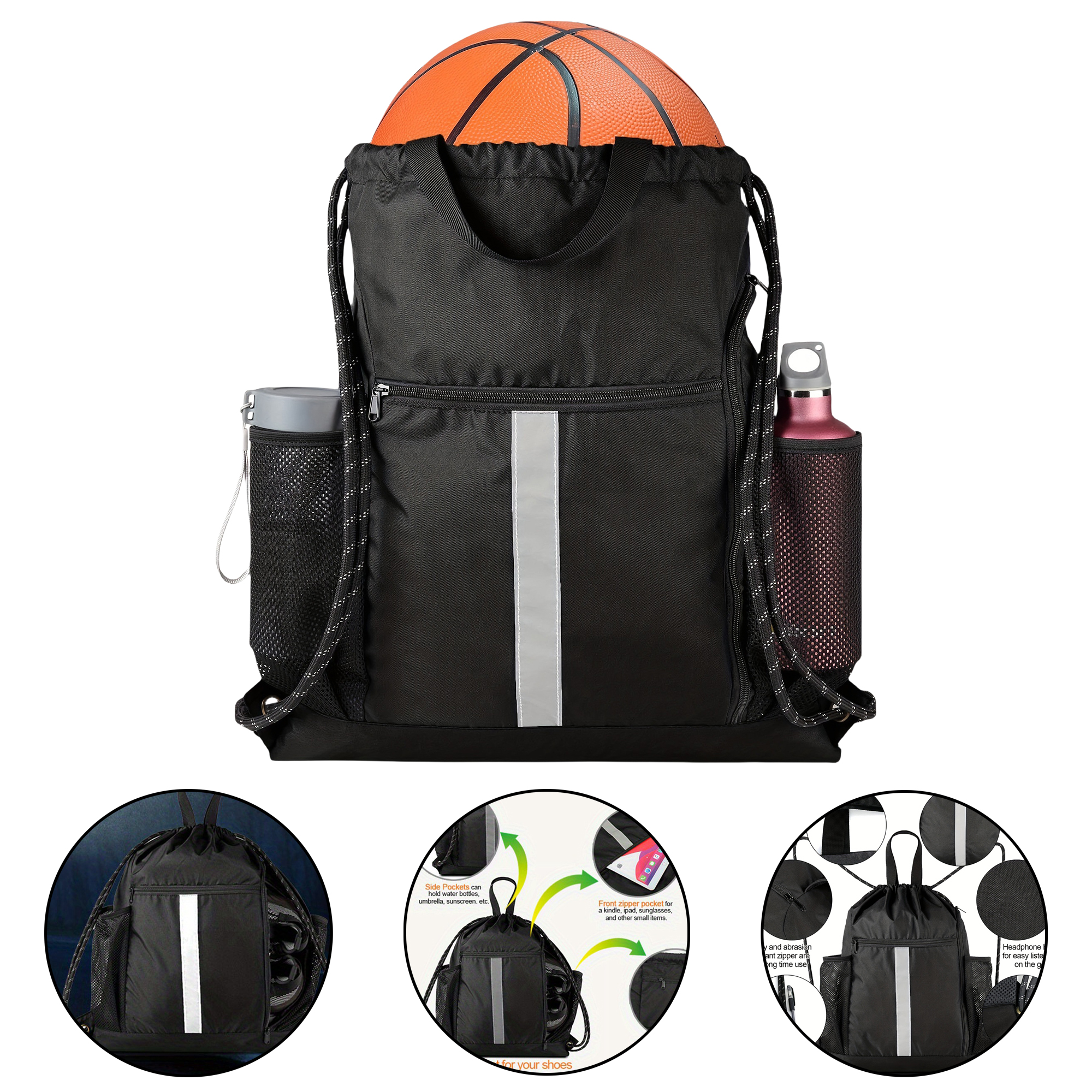 Drawstring Sports Backpack for Basketball Football Training Travel Gym with Reflective Strips Water 3