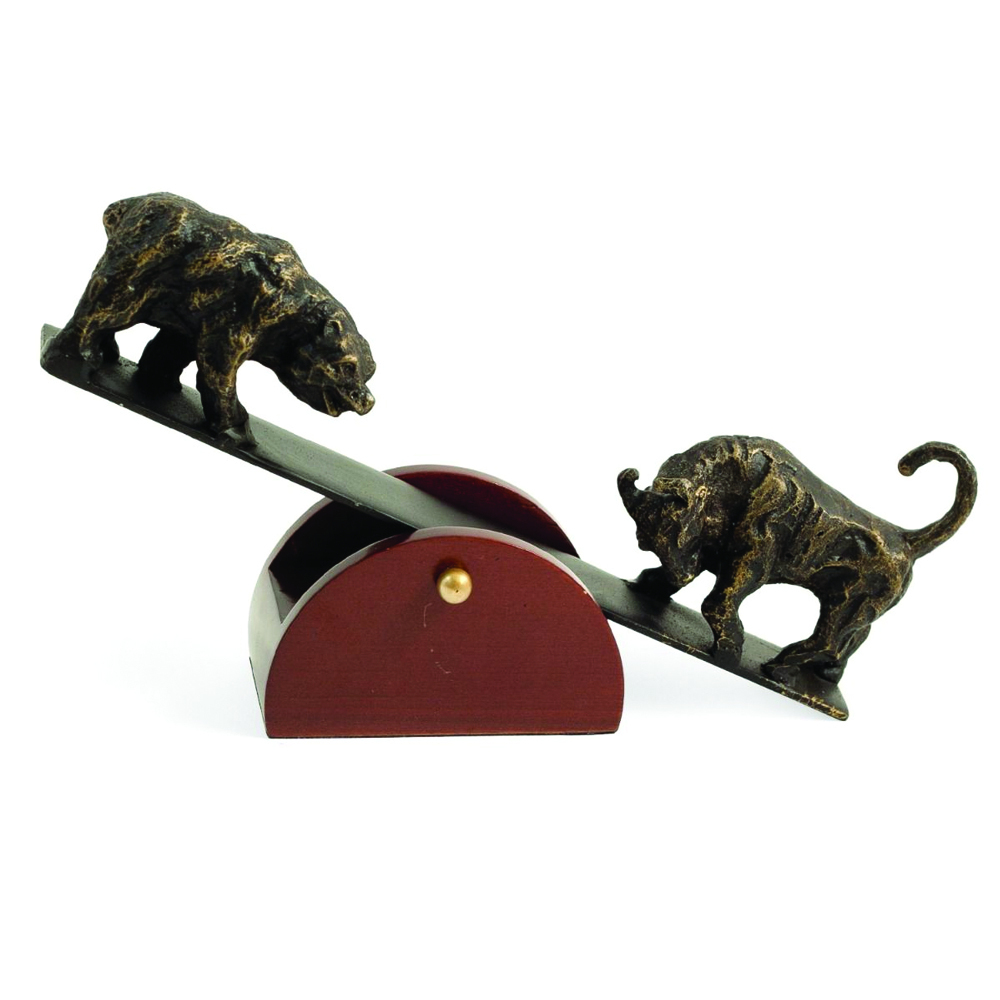 Bull and Bear Sculpture with Wood Base 1