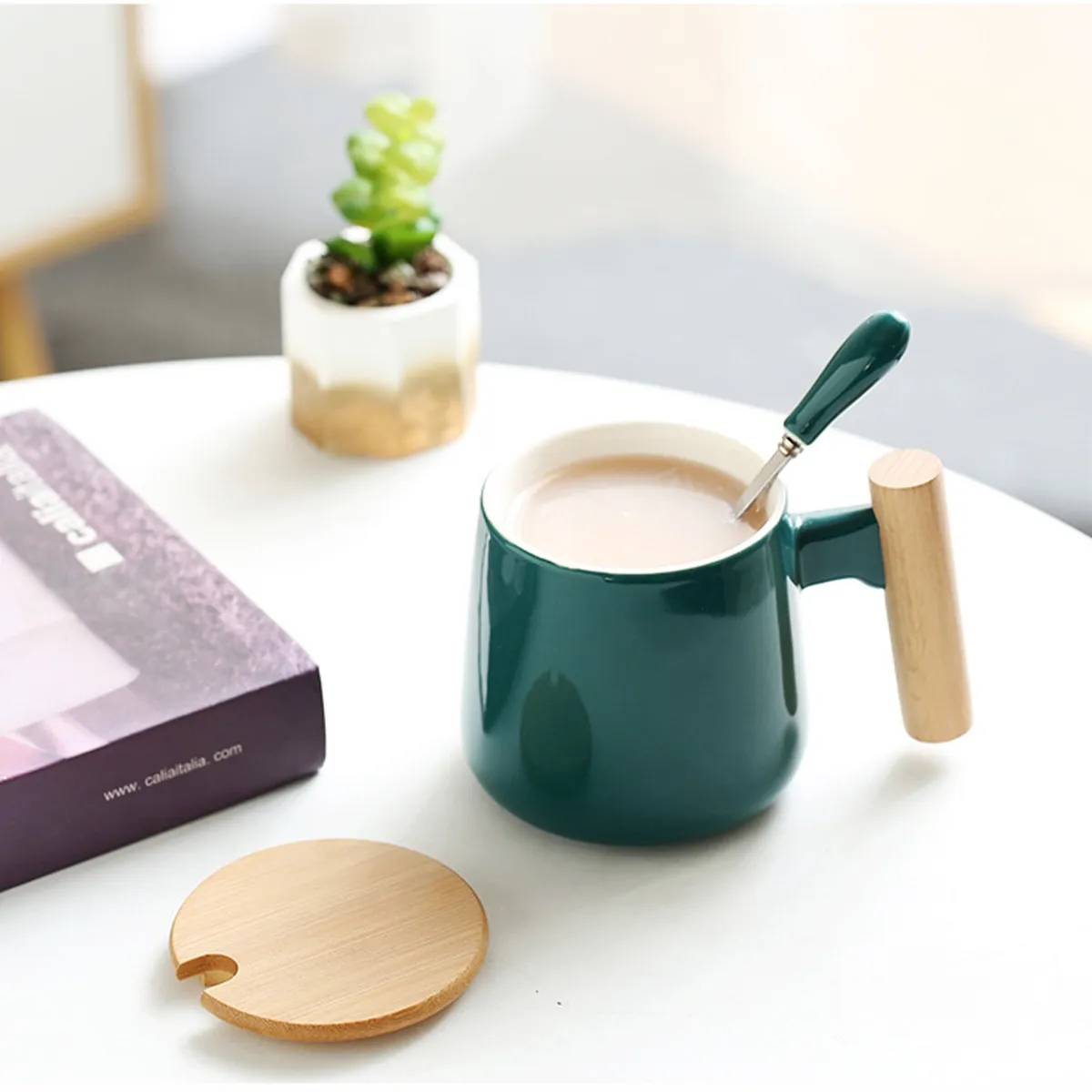 13 Oz. Ceramic Coffee Tea Mug Cup With Wooden Handle Lid 9