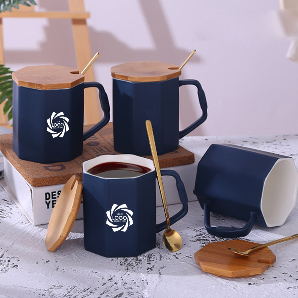 Ceramic mug with wooden lip and metal spoon 3