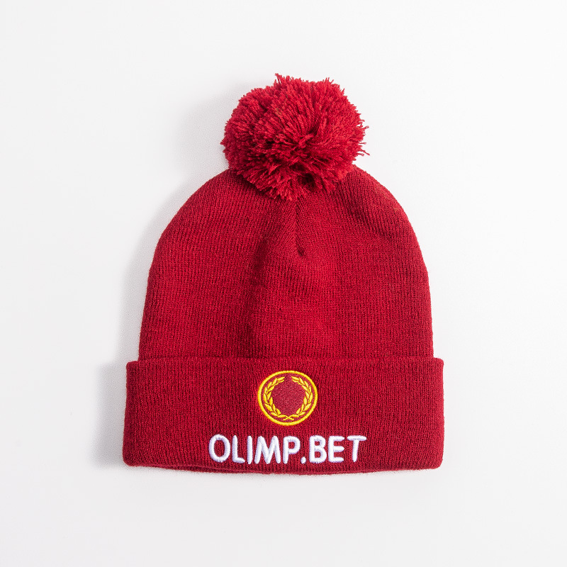 Embroidered Knit Beanie With Colorful Pome 2