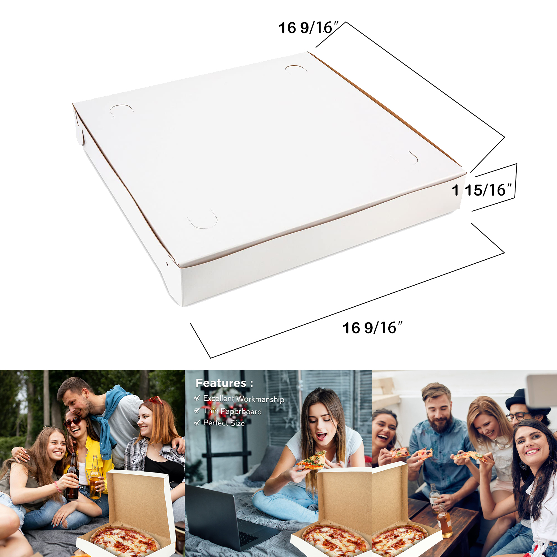 16 inch White Pizza Box 16 9/16" x 16 9/16" x 1 15/16" 2