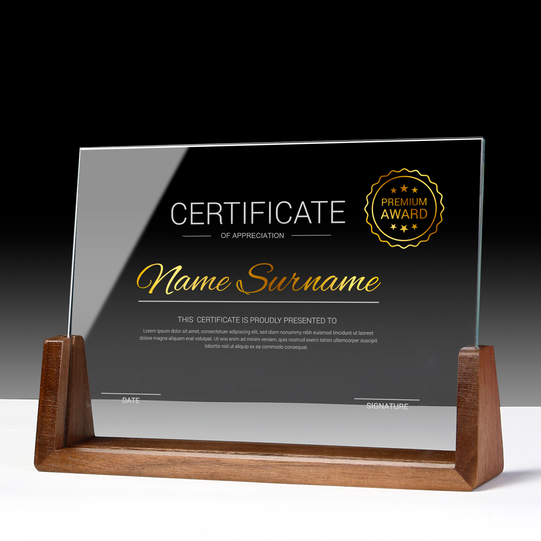 Custom Mirror Award Plaque With Wood Base 4