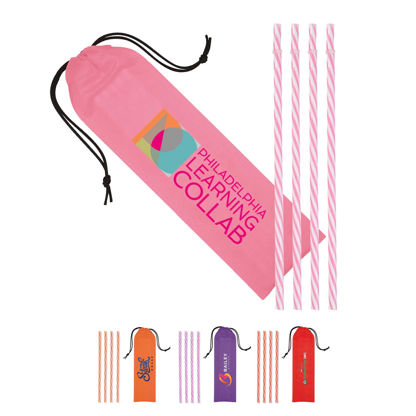 Reusable PP Straw in Full Color Drawstring Pouch
