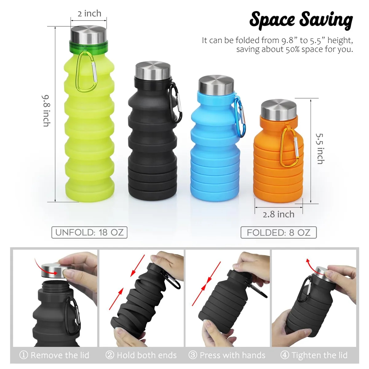Reuseable Silicone Collapsible Water Bottle with Carabiner 2