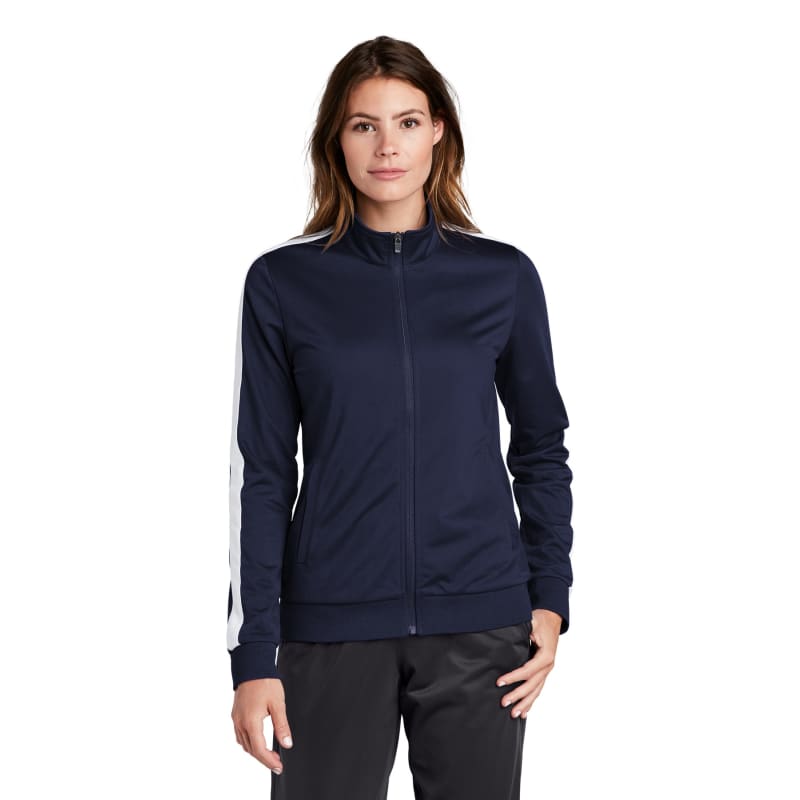 Sport-Tek Ladies Tricot Sleeve Stripe Track Jacket. 2