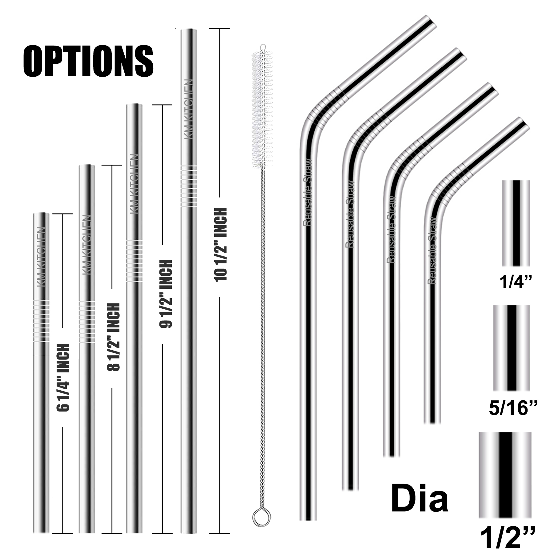 8 1/2"L 1/2"Dia Stainless Steel Straws 2
