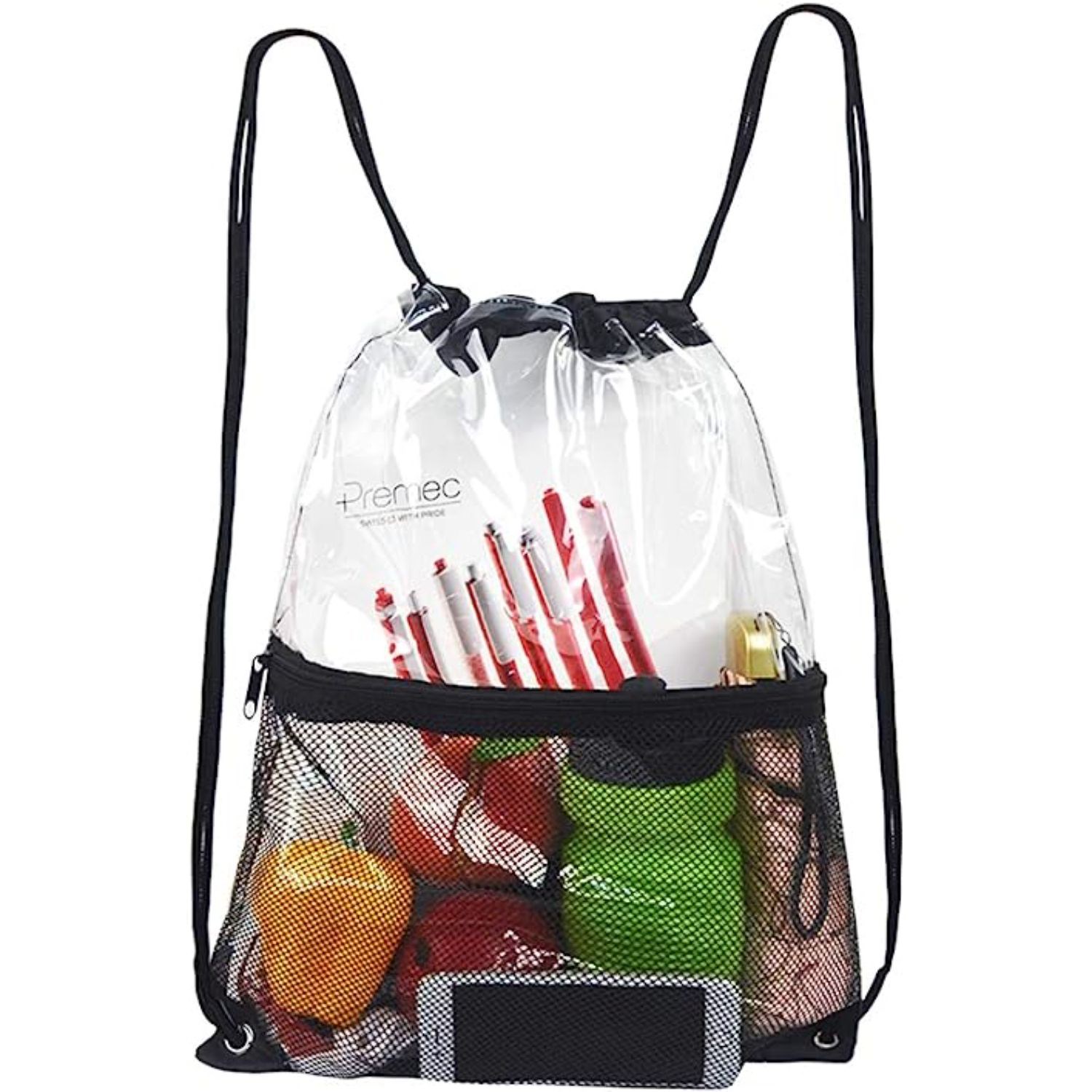 Cinch Sacks Backpack Clear PVC Drawstring Bag with Front Zipper Mesh Pocket 2