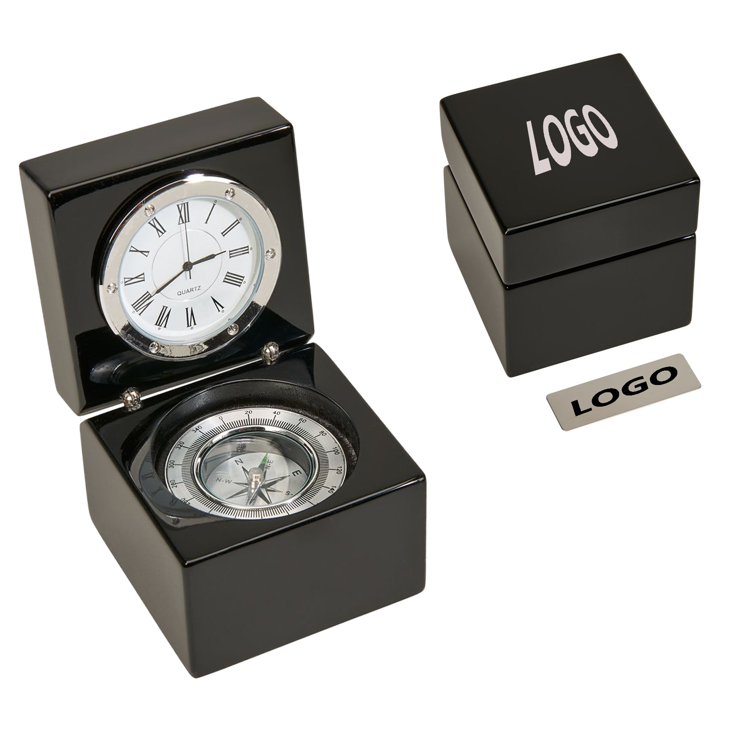 Piano Finished Black Square Wood Box withBrass Compass & Clock 2