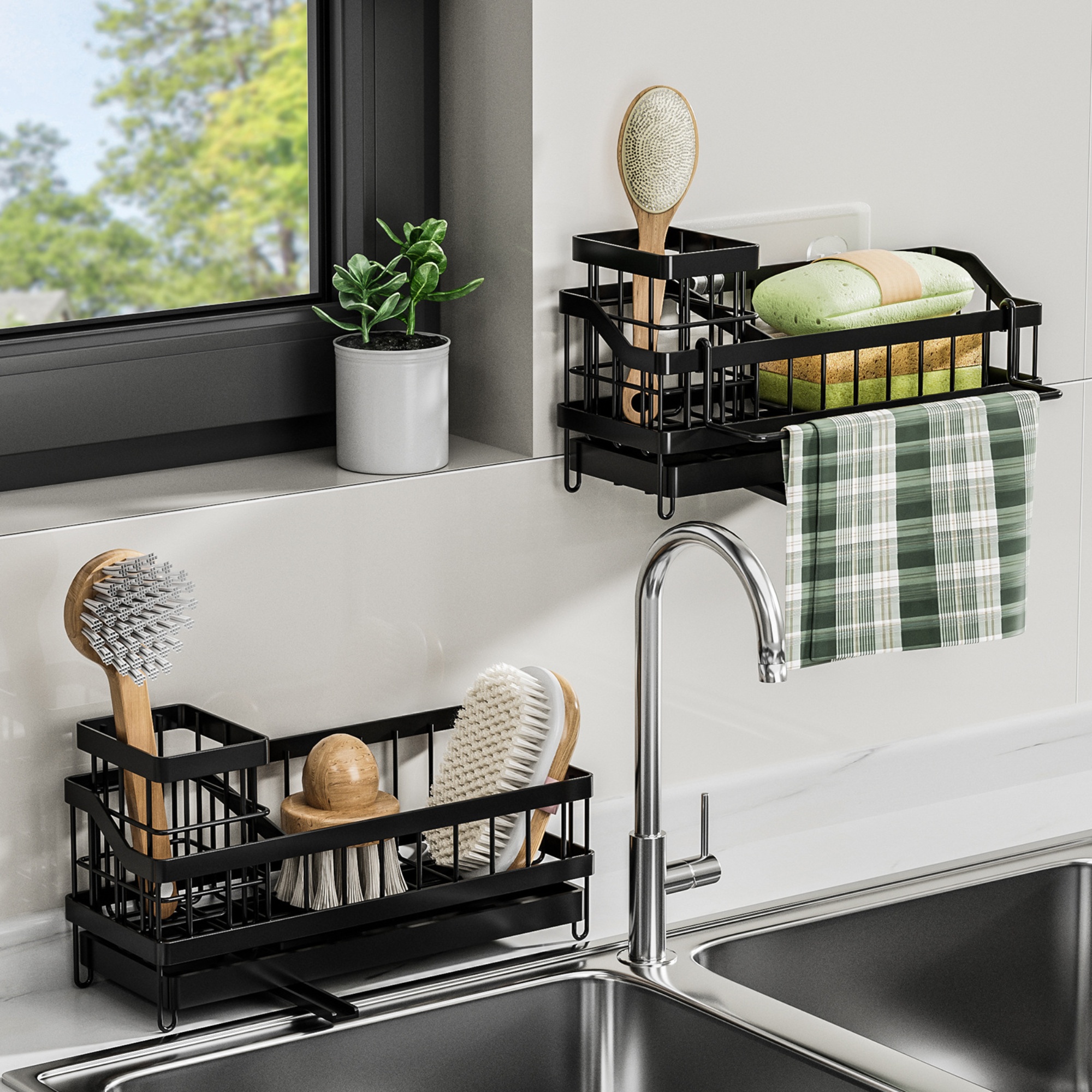 Kitchen sink box organizer with high brush holder 5