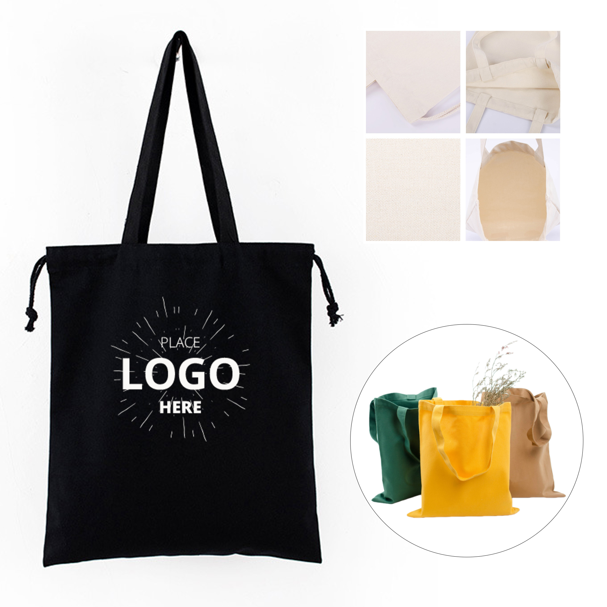 Drawstring Closure Canvas Shopping Tote Bag 2