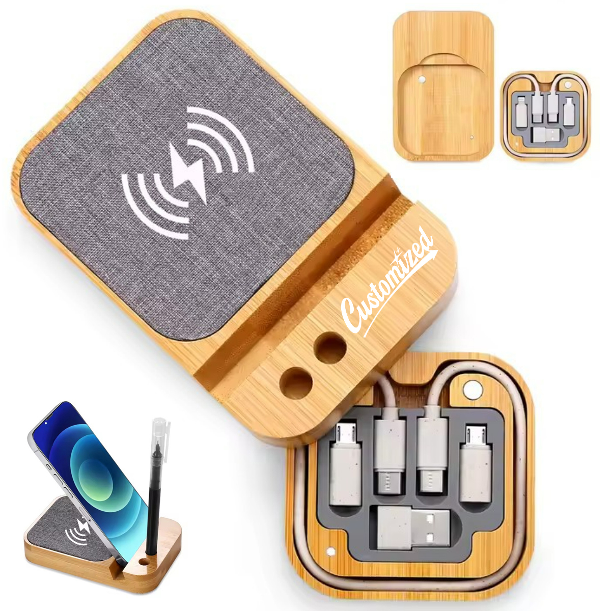 Bamboo Wireless Charging Phone Stand with Pen Holder 2