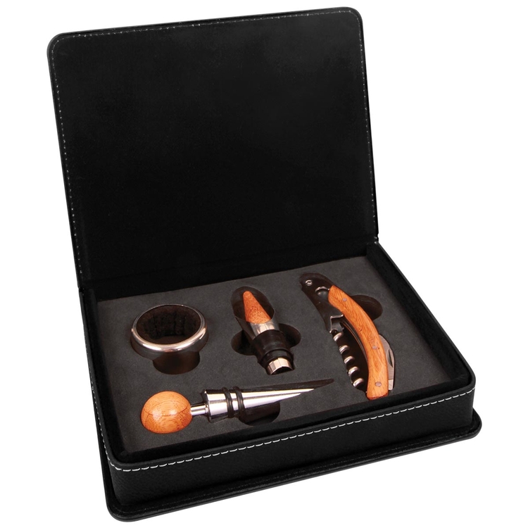 Black/Silver Leatherette 4-Piece Wine Tool Set 1