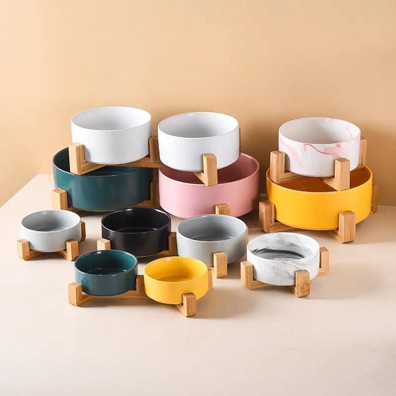 Ceramic Cat Dog Bowl Dish with Wood Stand 4
