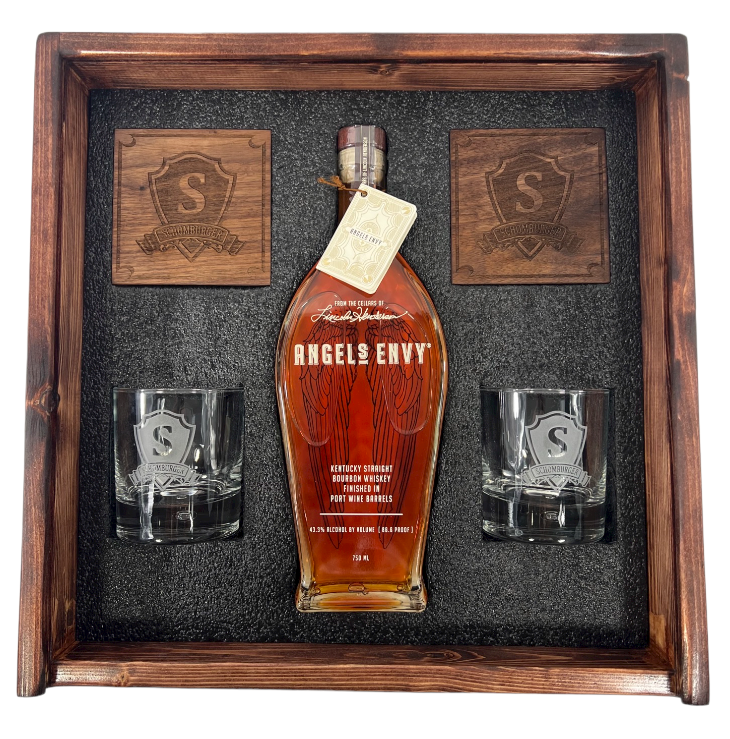 Wood Gift Box w/ Custom Lid. Etched Glass & Coaster Set (2) 4