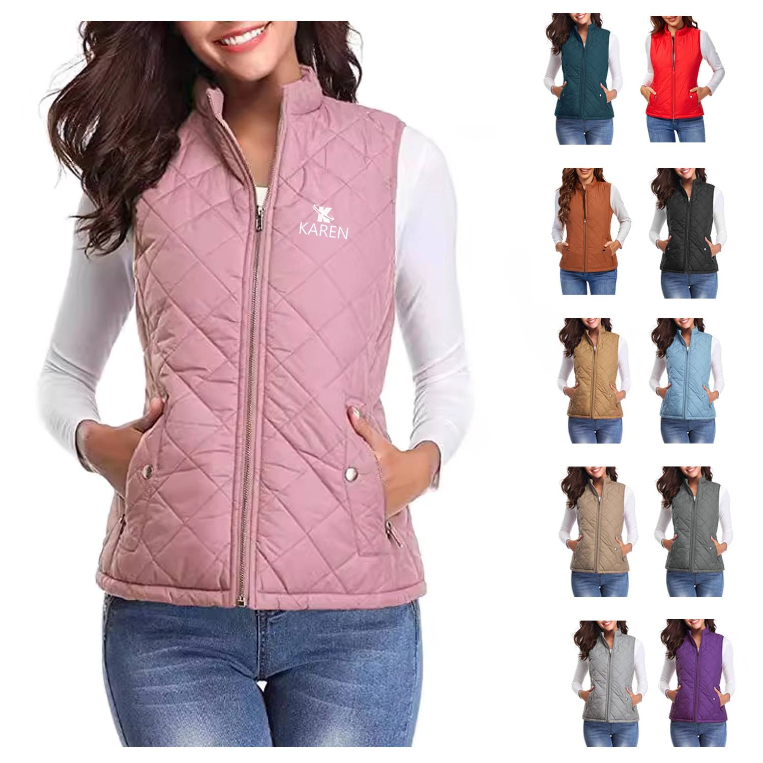 Sleeveless Zipper Diamond Quilted Puffer Warm Vest Jacket 2