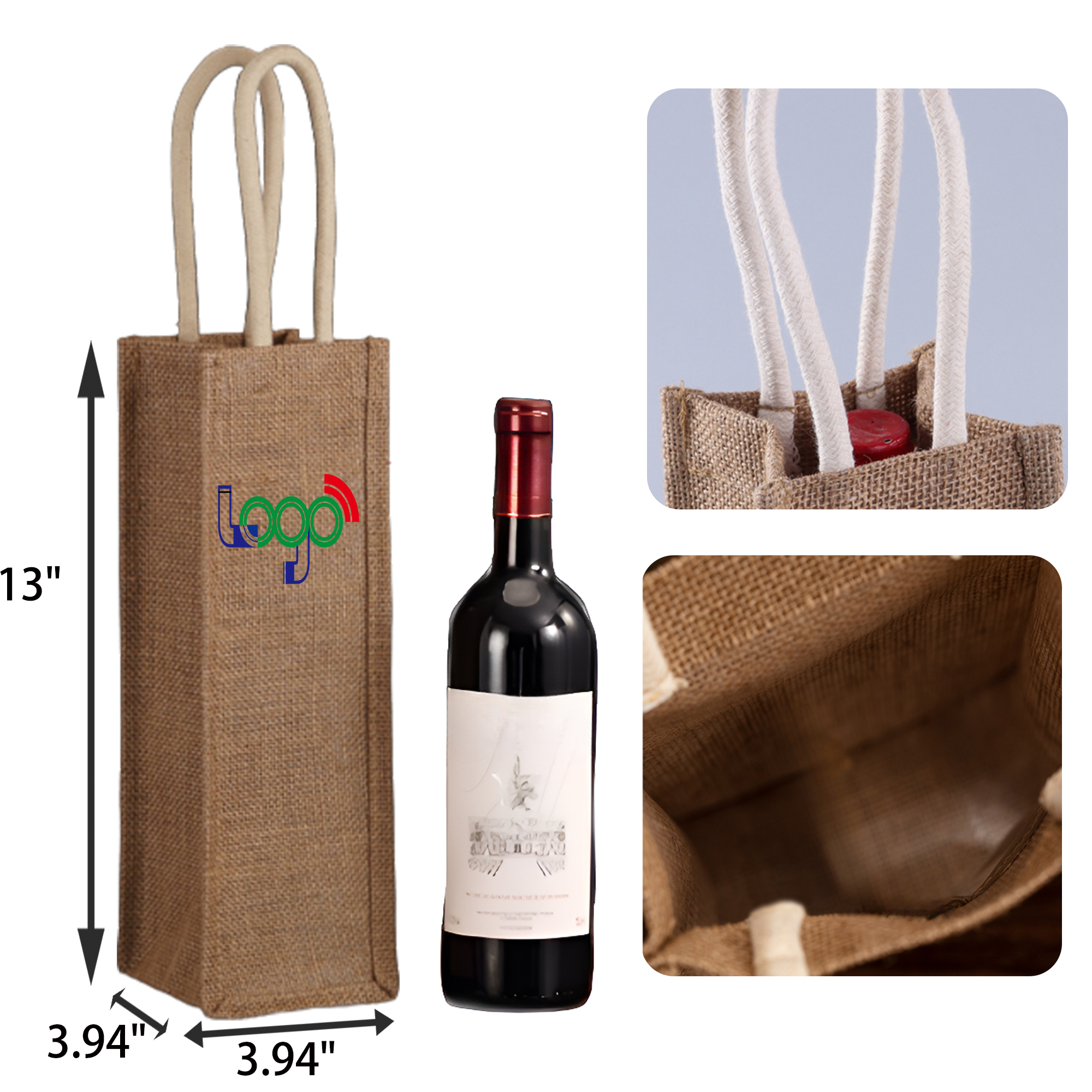 MOQ 50 PCS Stylish Single Bottle Jute Wine Tote Bag 2