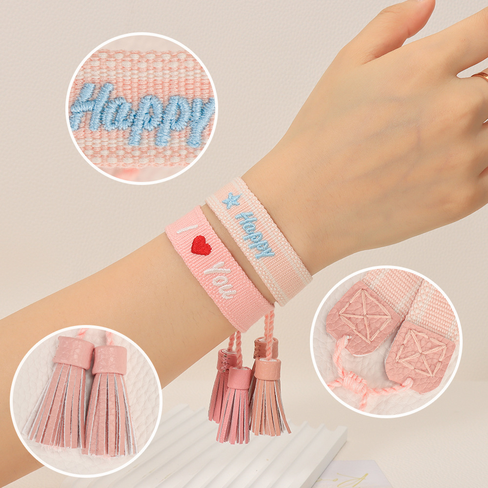 Embroidered Woven Bracelet With Leather Locking 1