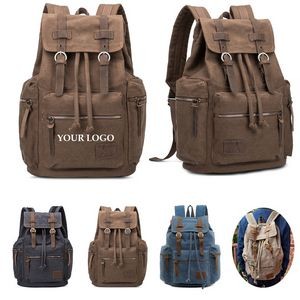 Drawstring Bundle Pocket Men's Vintage Leather Canvas Backpacks 4